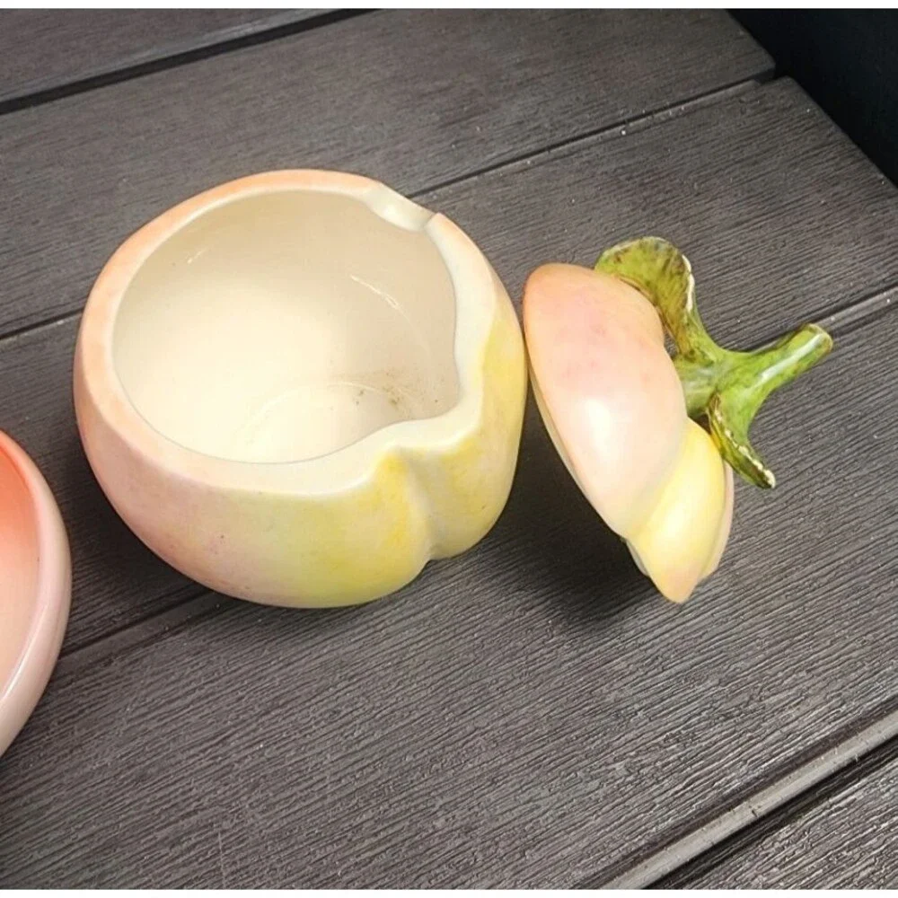 Vintage Mid-Century Hand-Painted Ceramic Fruit Jam Pot and Peach Dish Set  Japan